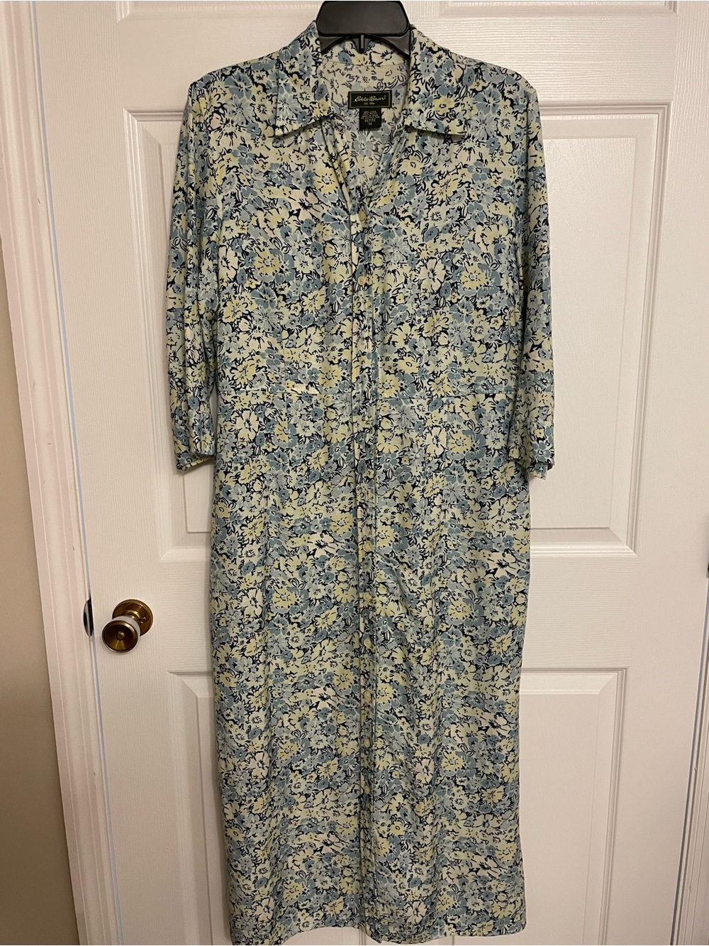 Eddie Bauer Linen Blend Floral Maxi Shirt Dress 3/4 Sleeves Pockets Womens 14P